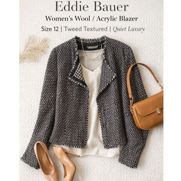 Eddie Bauer Jackets & Blazers - Eddie Bauer Blazer Women's M Wool Blend Black White Textured Open Front Jacket